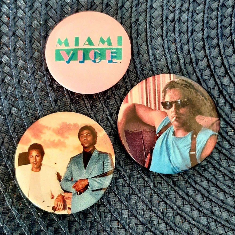 Vintage 80s Lot Of 3 Miami Vice Pins Crockett Tubbs